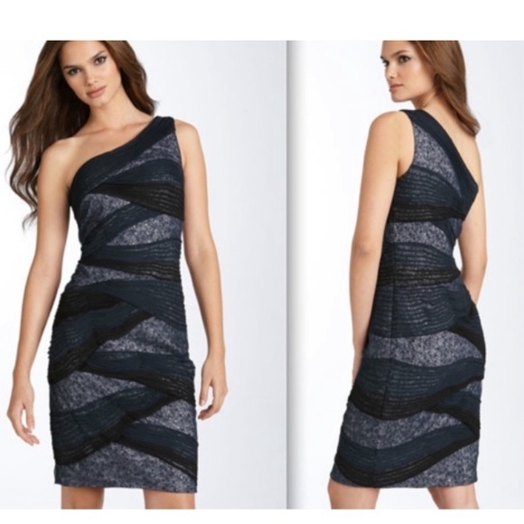 Tadashi Shoji Navy/Black Mesh Sequin One Shoulder Dress - Picture 2 of 12